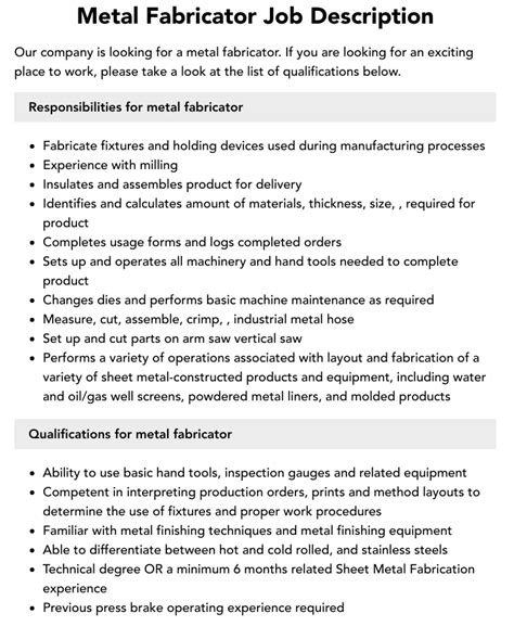 metal fabricators job description